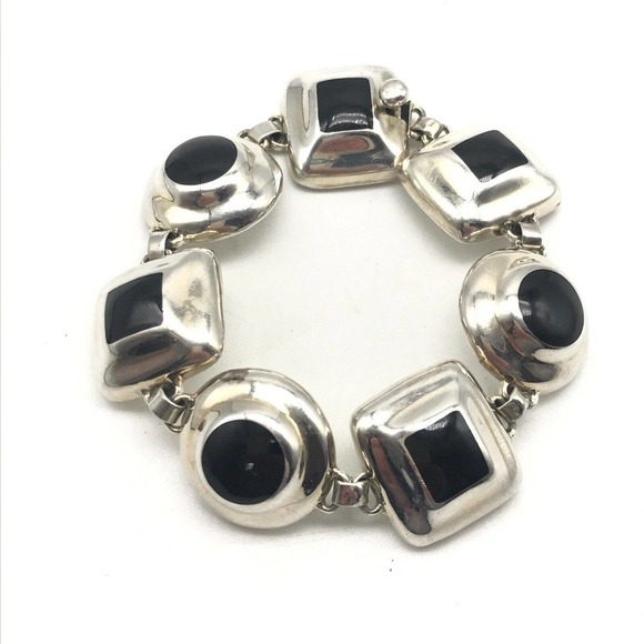 Vintage 925 Mexico Sterling Silver Black Onyx Modern Chain Link Bracelet 7.25" - Picture 1 of 9